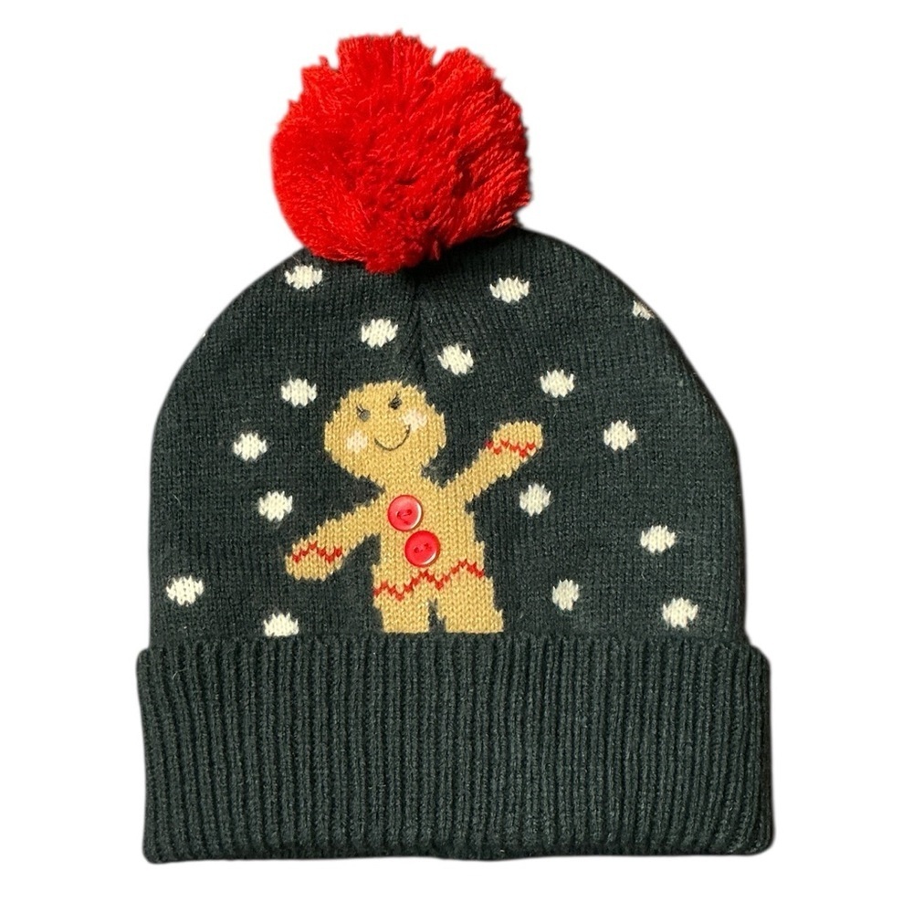 Charming Gingerbread Knit Beanie with Red Pom-Pom